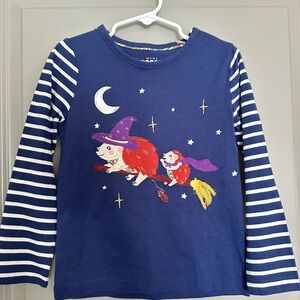 Mini Boden 5-6Y Blue Striped Kids Shirt with Witch Hedgehog Design